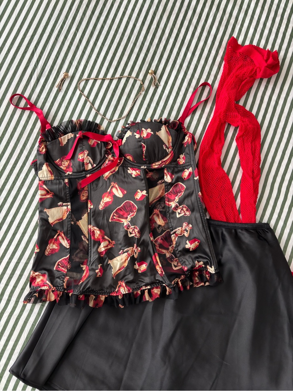 Black Bustier Top with Red Pin-Up Girl Print